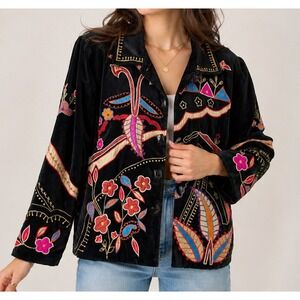 Vintage Allure Artsy Jacket Womens M‎ Black Velvet Floral Applique Art to Wear